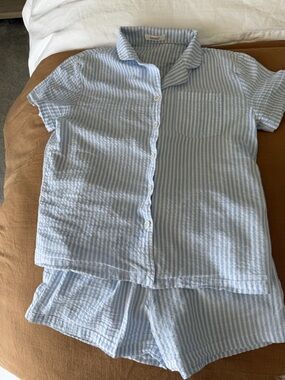 Light Blue & White Striped Cotton Short Pajama Set - Unbranded